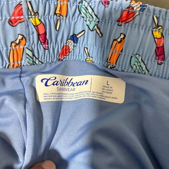 Caribbean Mens Swim Trunk Short Popsicle Blue Large Drawstring Waist Stretch - Picture 3 of 8